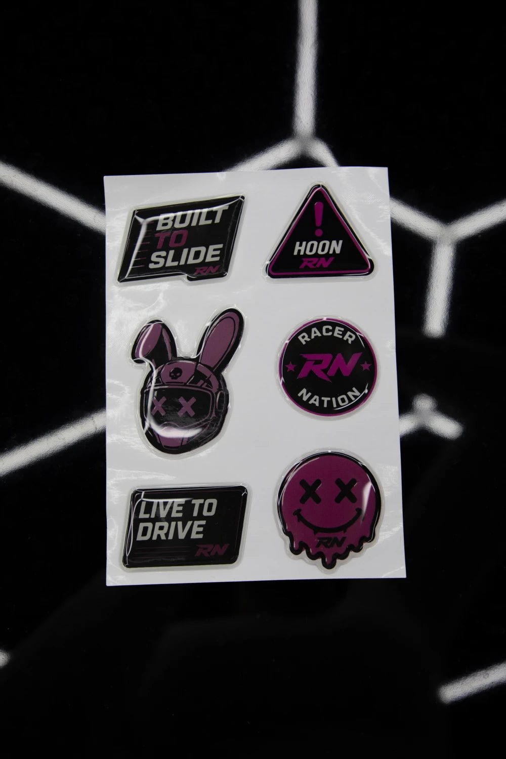 Racer Nation 3D puff sticker pack featuring Built to Slide, Hoon, Live to Drive, bunny and smiley designs.