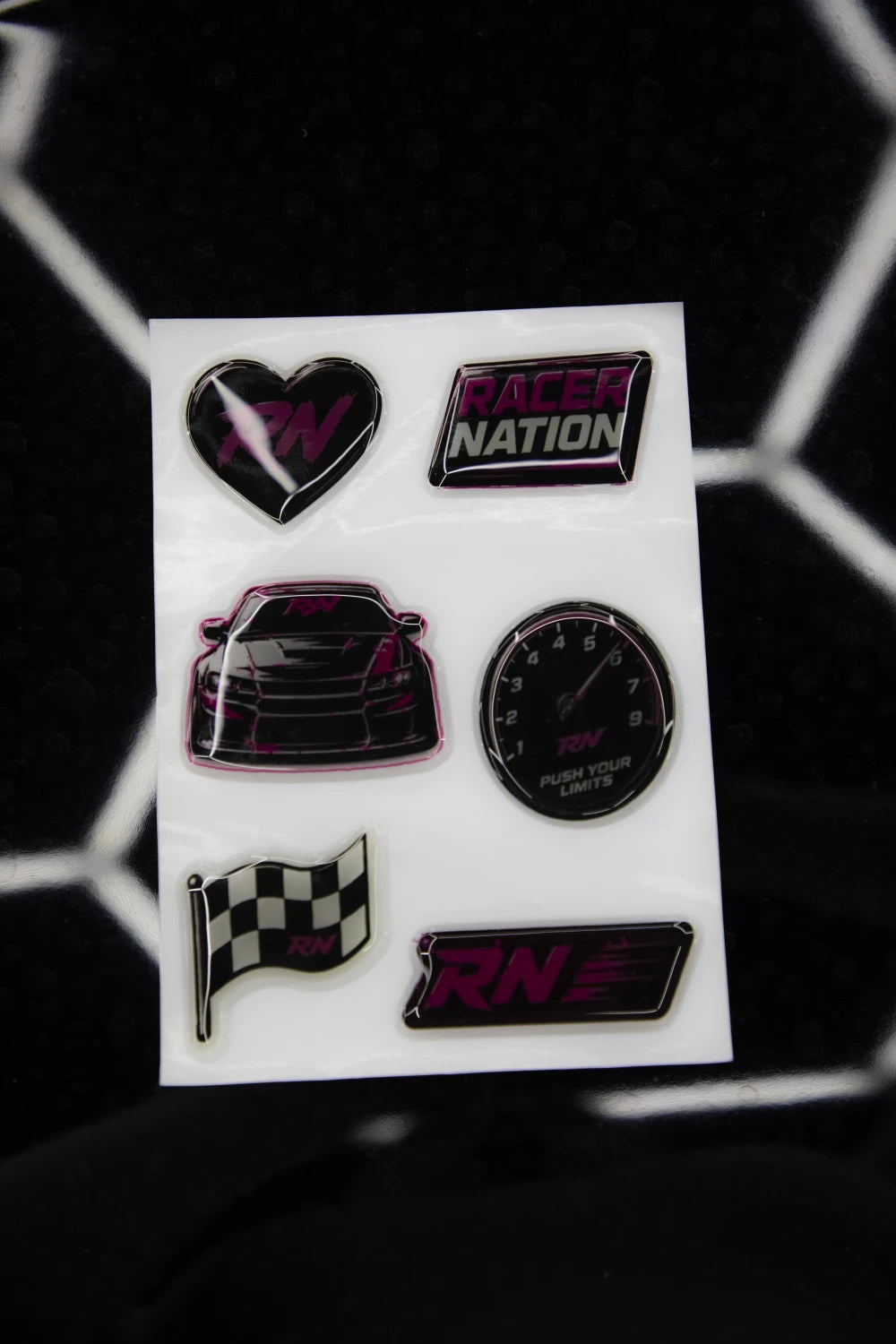 Racer Nation 3D puff sticker pack featuring raised car, speedometer, chequered flag and logo designs.