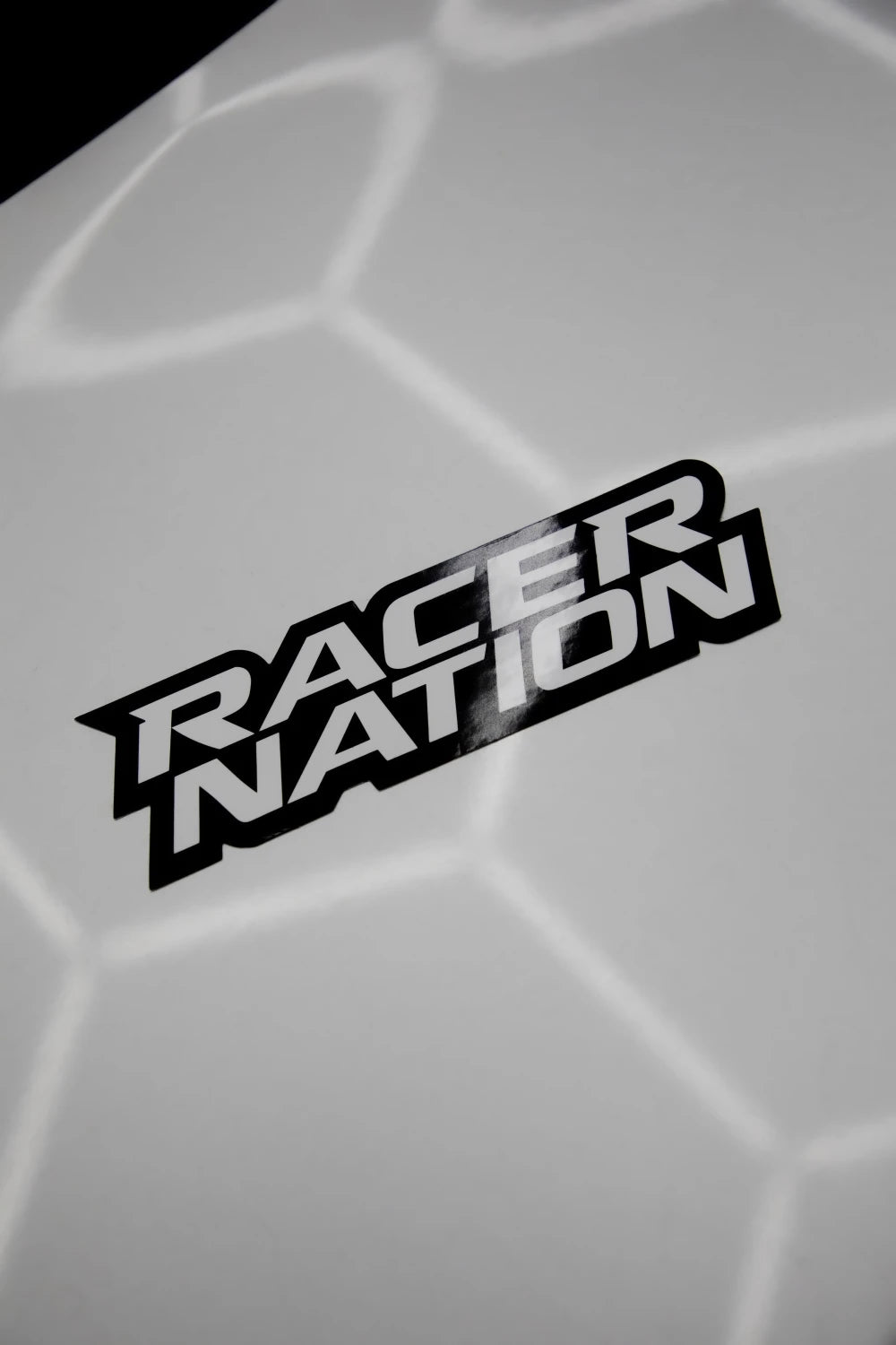 Racer Nation black and white die cut logo sticker for cars, laptops and toolboxes.