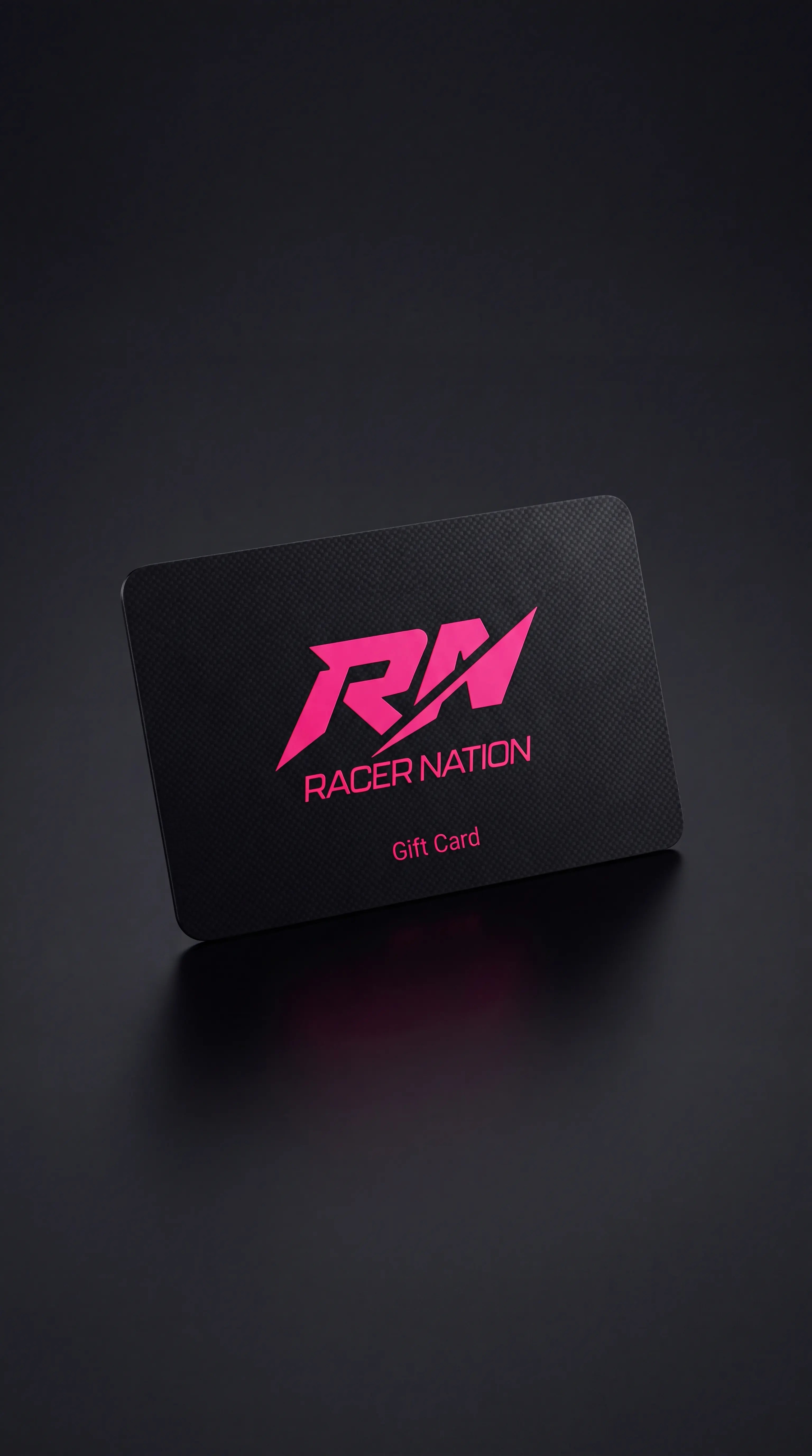 Black Racer Nation e-gift card featuring the pink RN logo and Racer Nation branding.