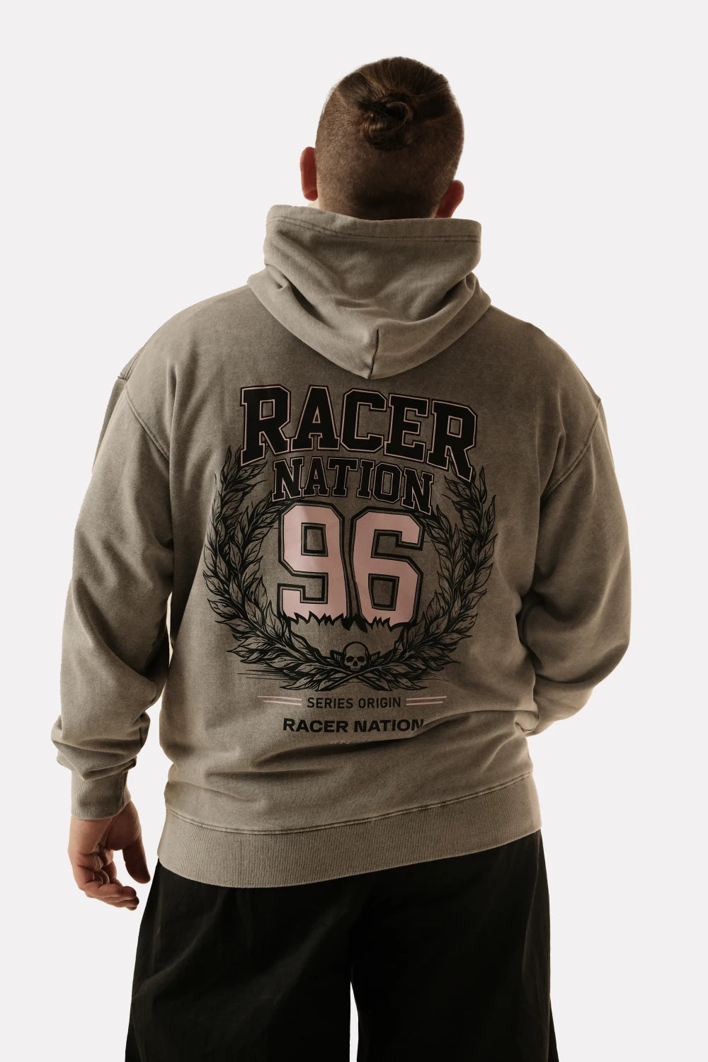 Back view of Racer Nation RN 01 grey oversized acid wash hoodie featuring large 96 graphic